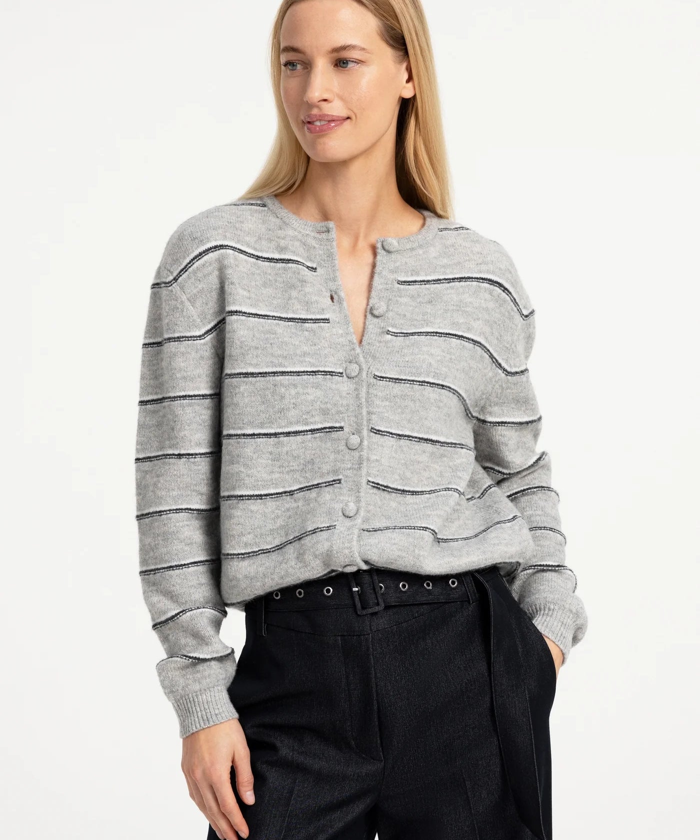 Striped knitted cardigan w/tie detail