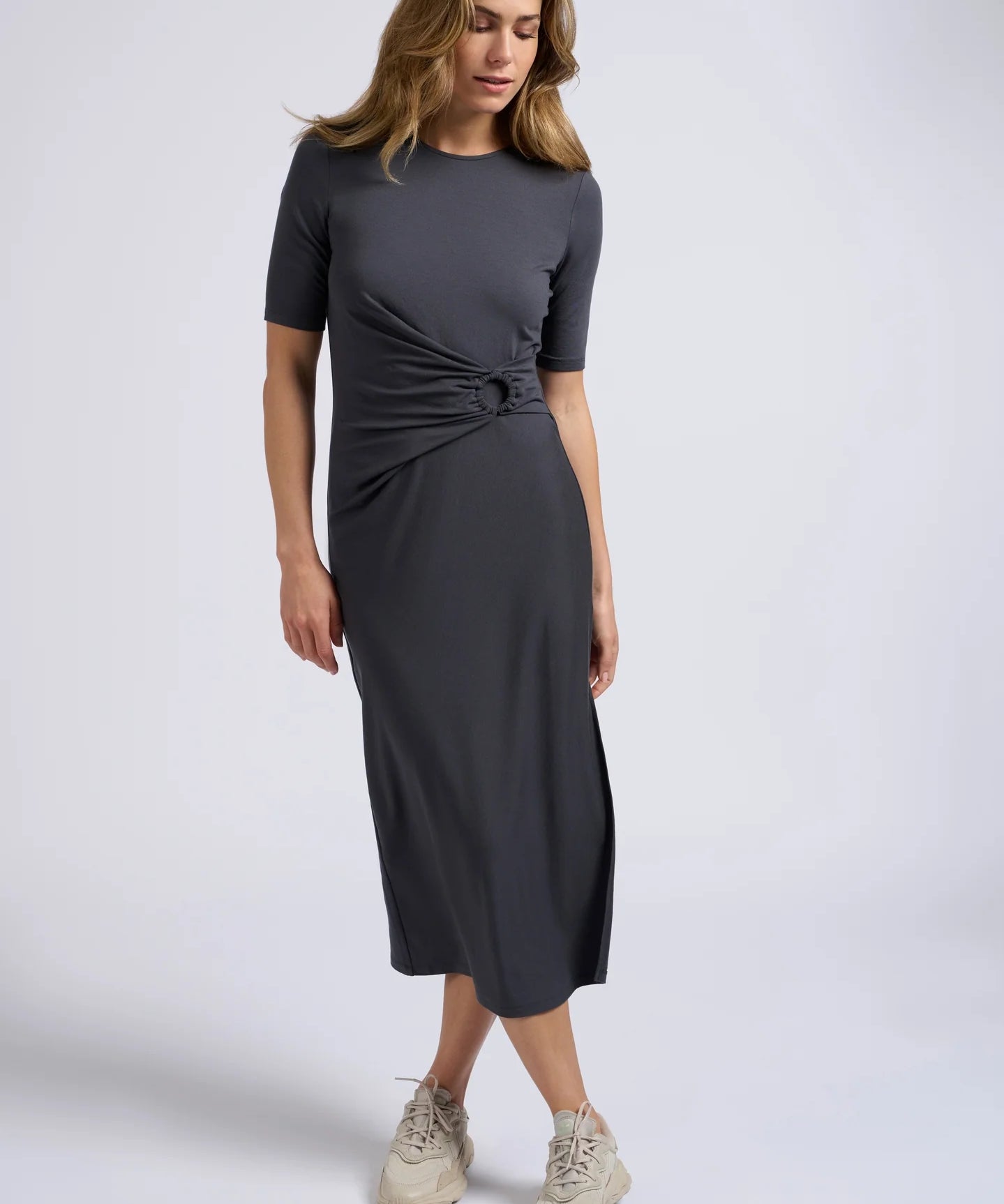 Midi Dress w/ Cap Sleeve pleated ring detail - Clay Pebble