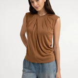 Sleeveless top w/pleated neck