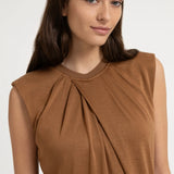 Sleeveless top w/pleated neck