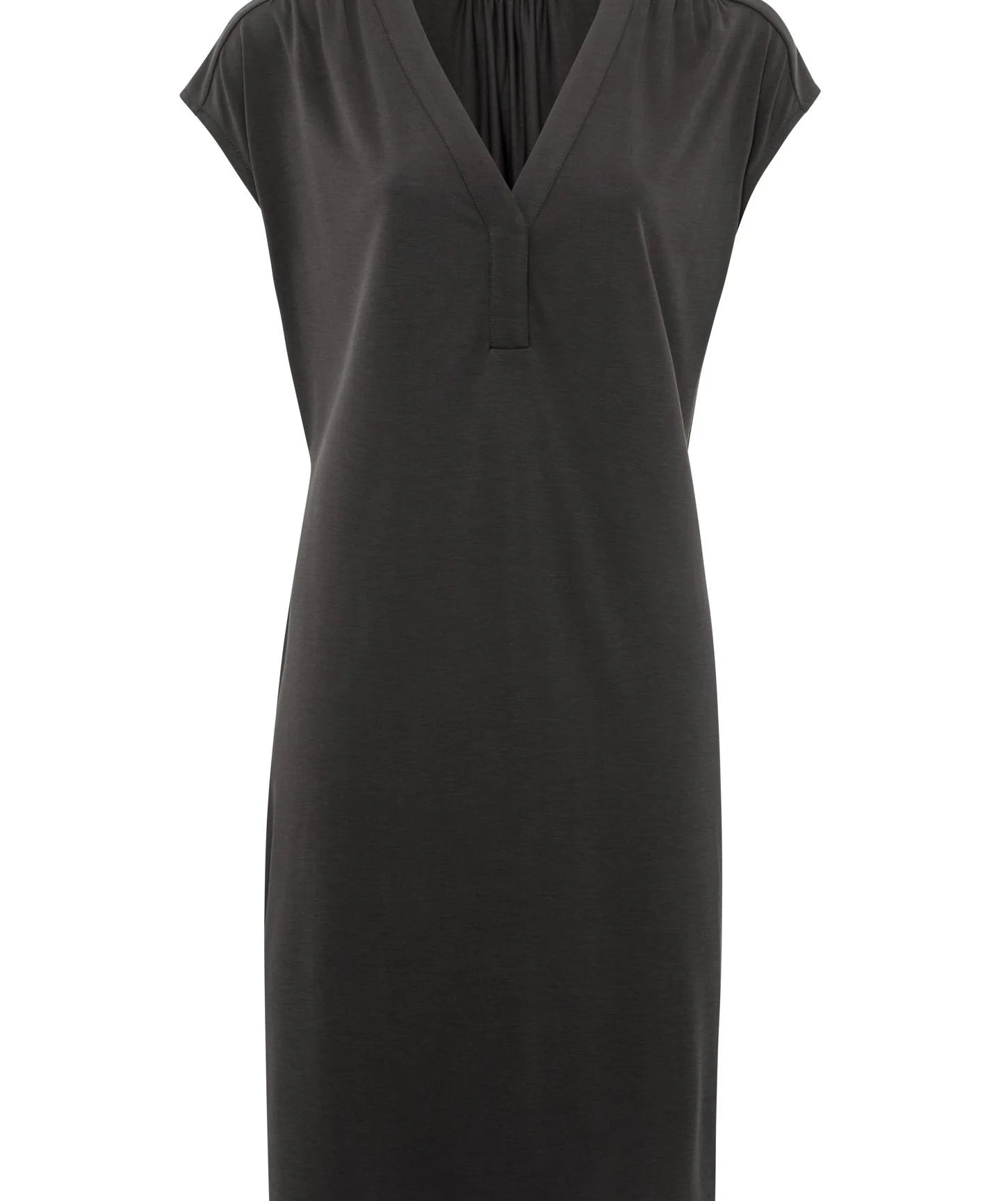Sleeveless jersey dress w/ V-neck & pleated details